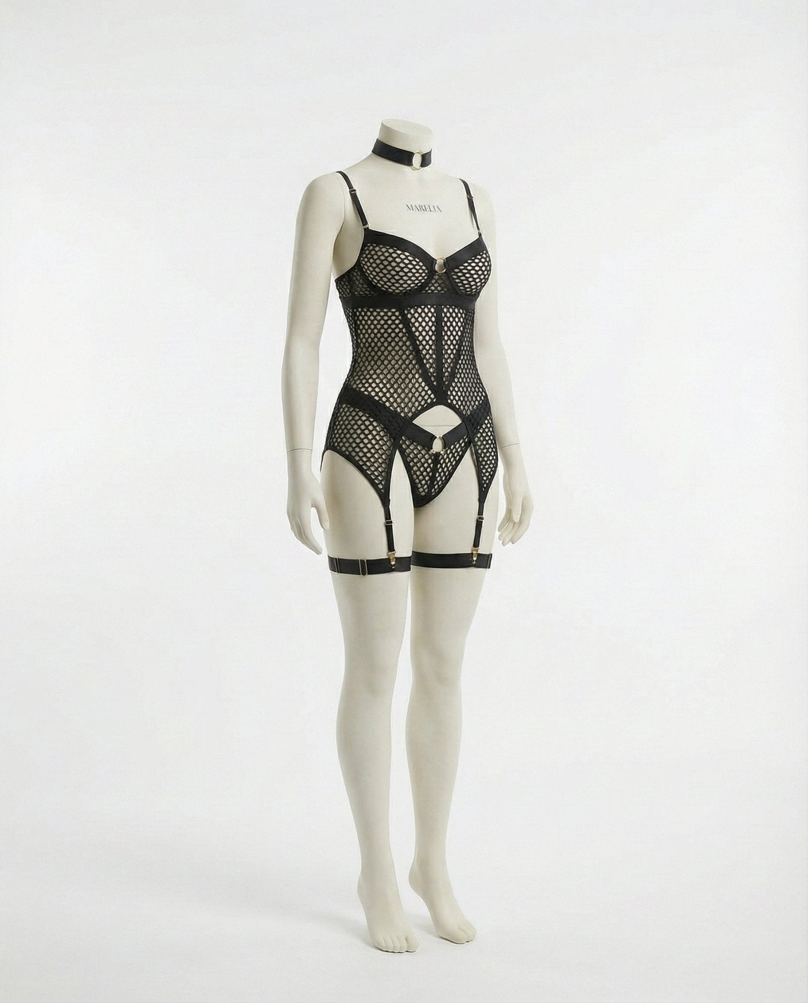 Black Fishnet Bodysuit With Garter Straps - Marelia