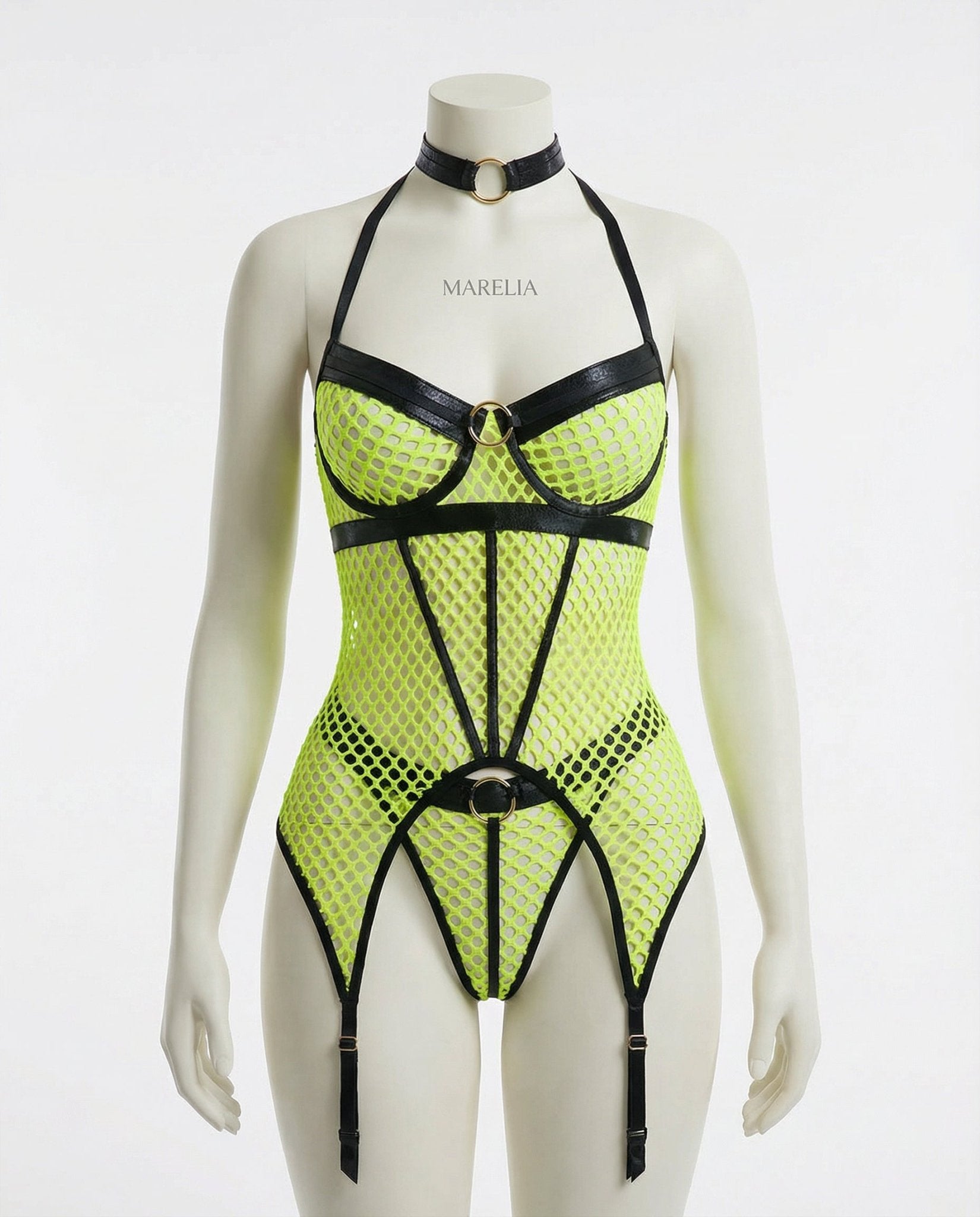 Neon Green Fishnet Bodysuit With Garter Straps - Marelia