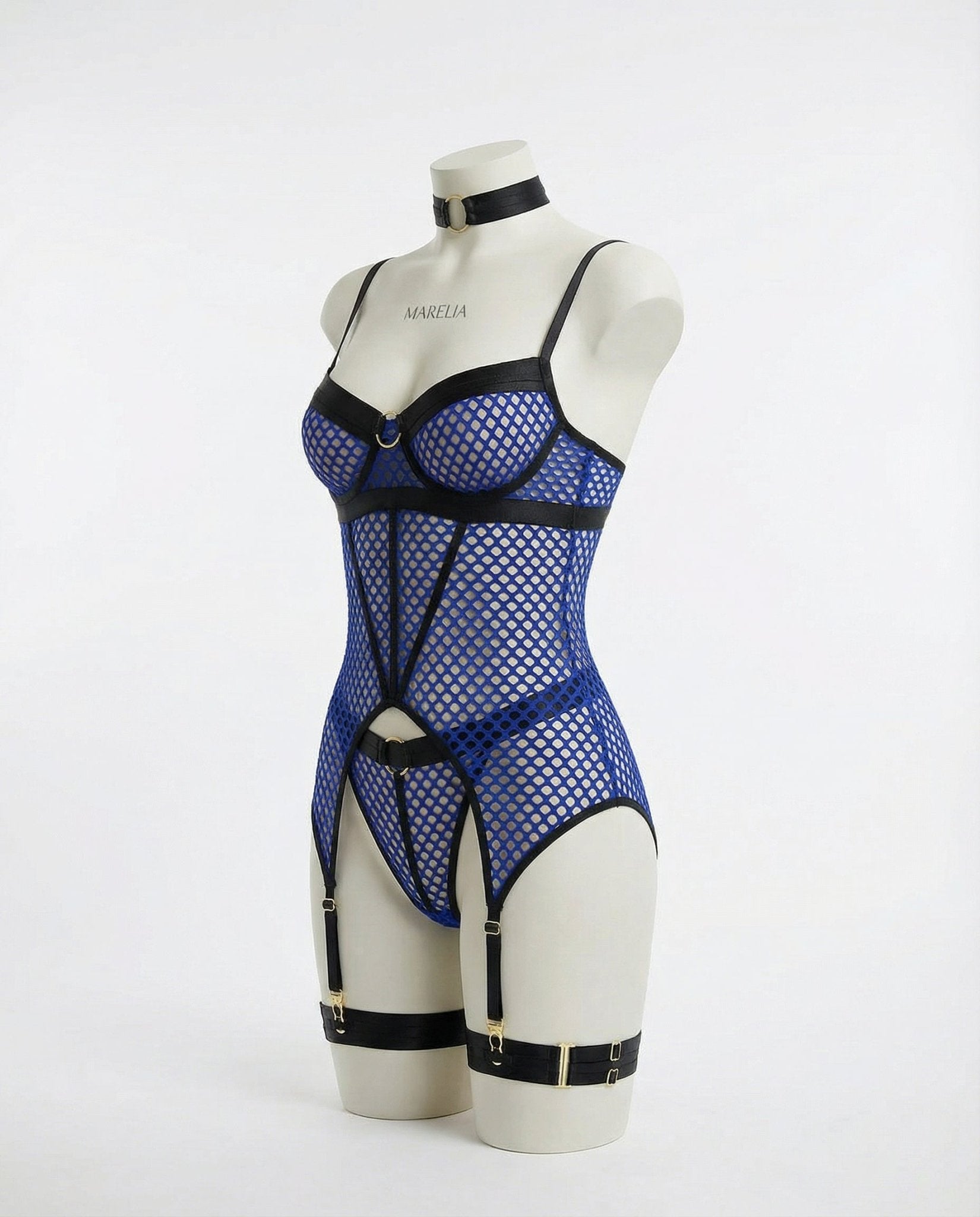 Blue Fishnet Bodysuit With Garter Straps - Marelia