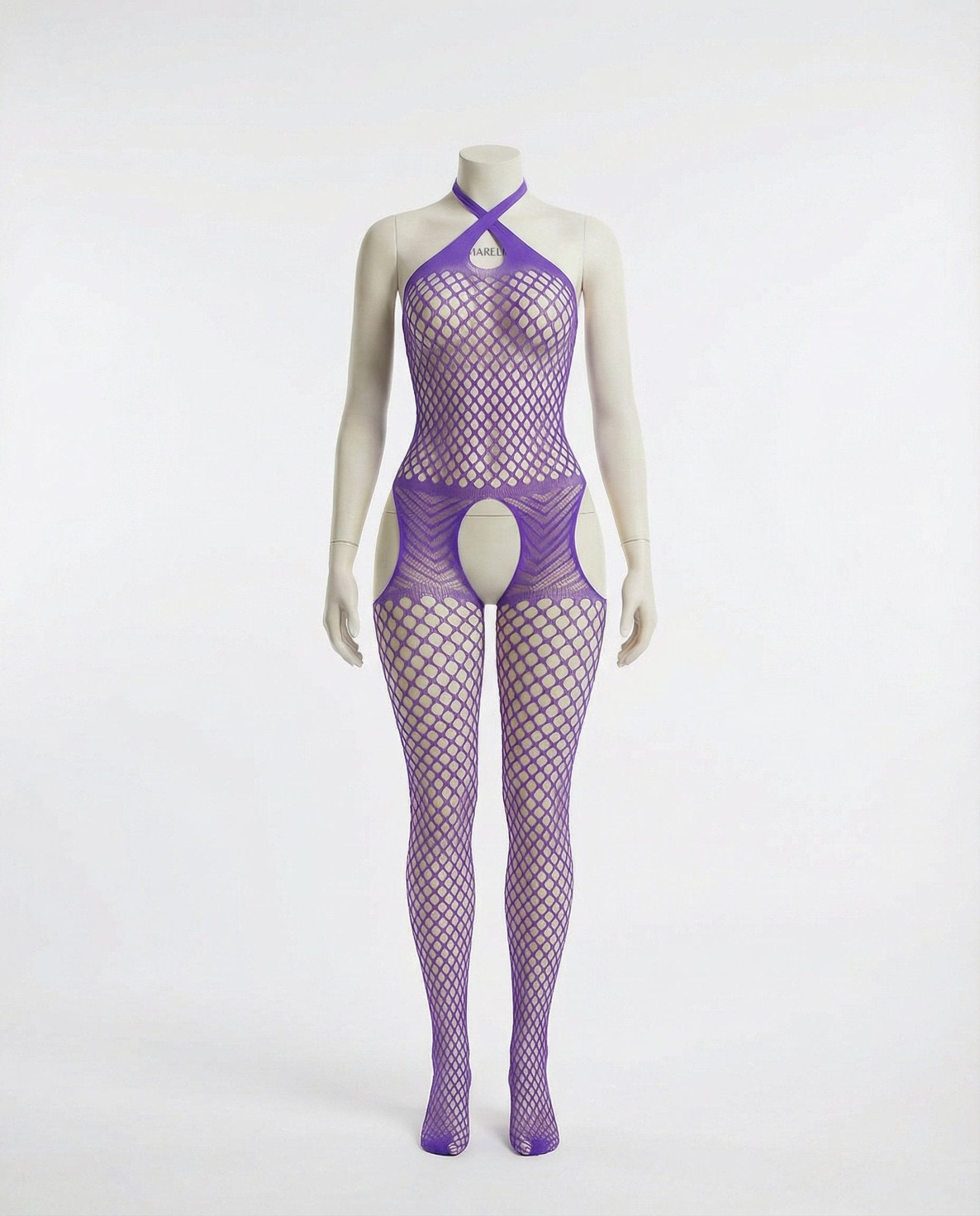 Purple Marelia - Fishnet Halter Bodystocking With Open Crotch