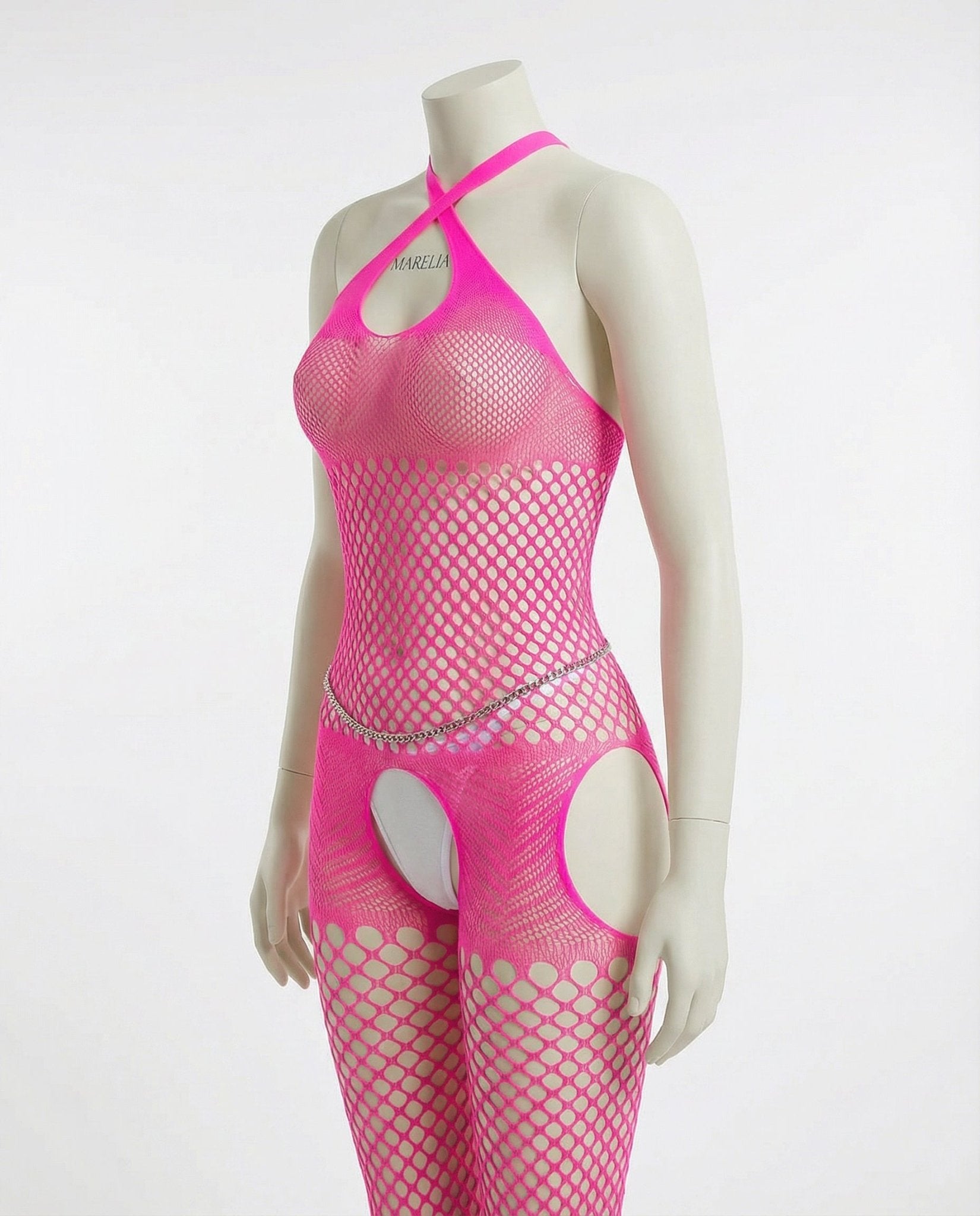 Fuscia Pink Marelia - Fishnet Halter Bodystocking With Open Crotch