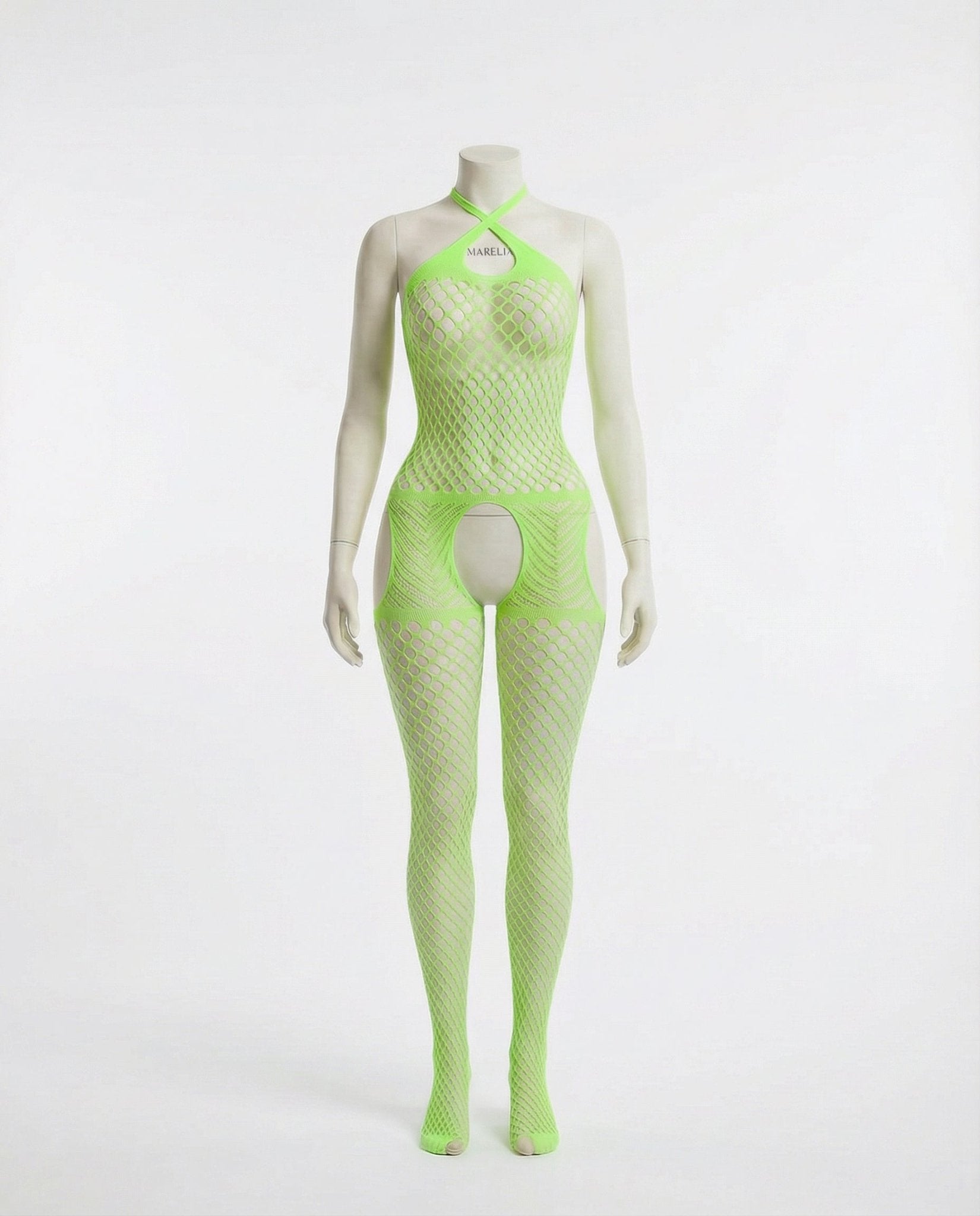 Neon Green Marelia - Fishnet Halter Bodystocking With Open Crotch