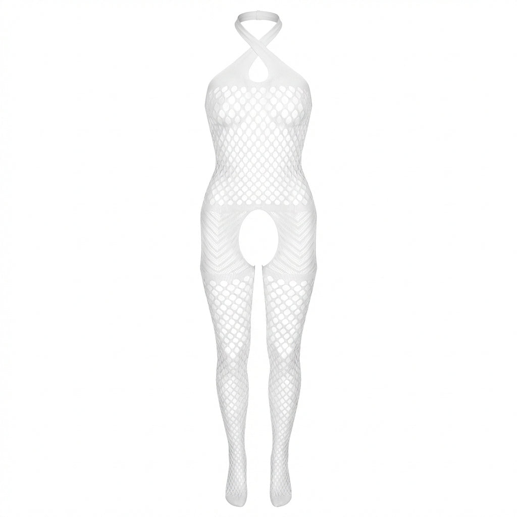 White Marelia - Fishnet Halter Bodystocking With Open Crotch