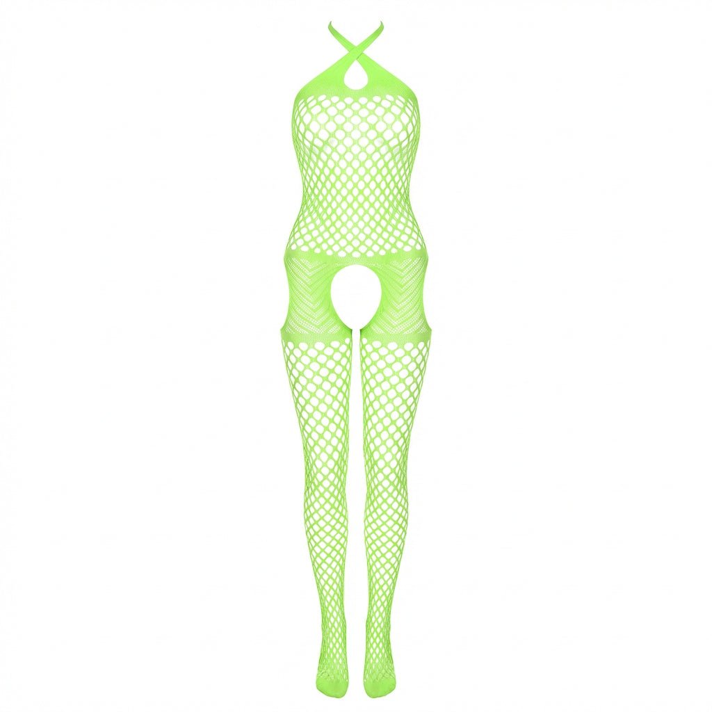 Neon Green Marelia - Fishnet Halter Bodystocking With Open Crotch