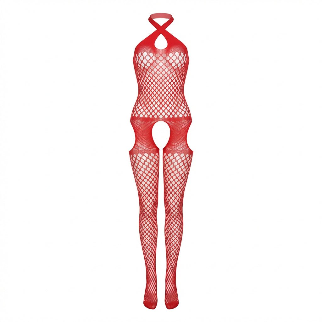 Red Marelia - Fishnet Halter Bodystocking With Open Crotch