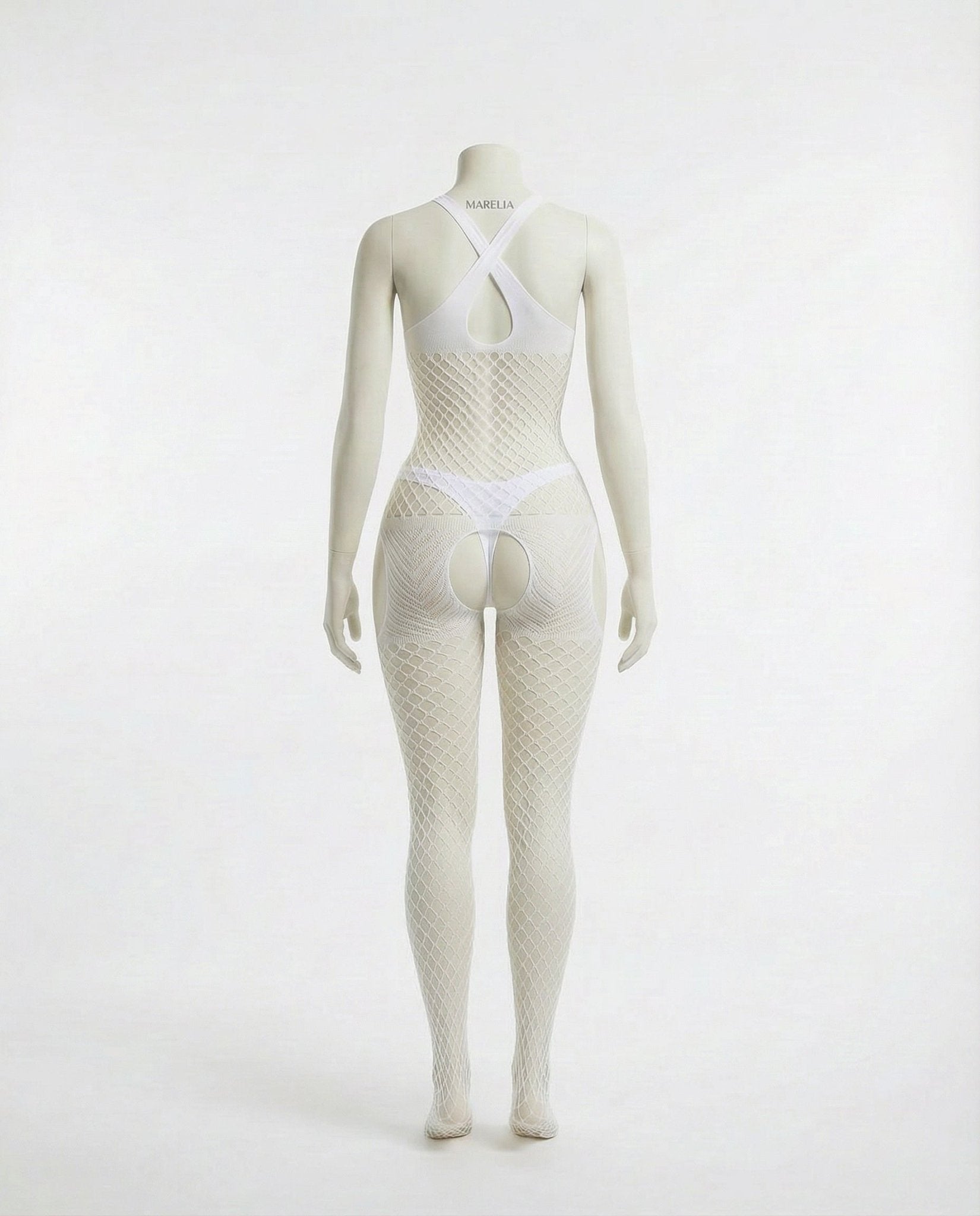 White Marelia - Fishnet Halter Bodystocking With Open Crotch