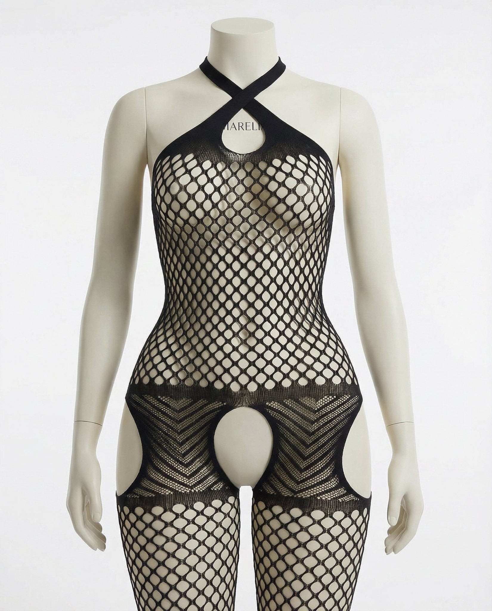 Black Marelia - Fishnet Halter Bodystocking With Open Crotch