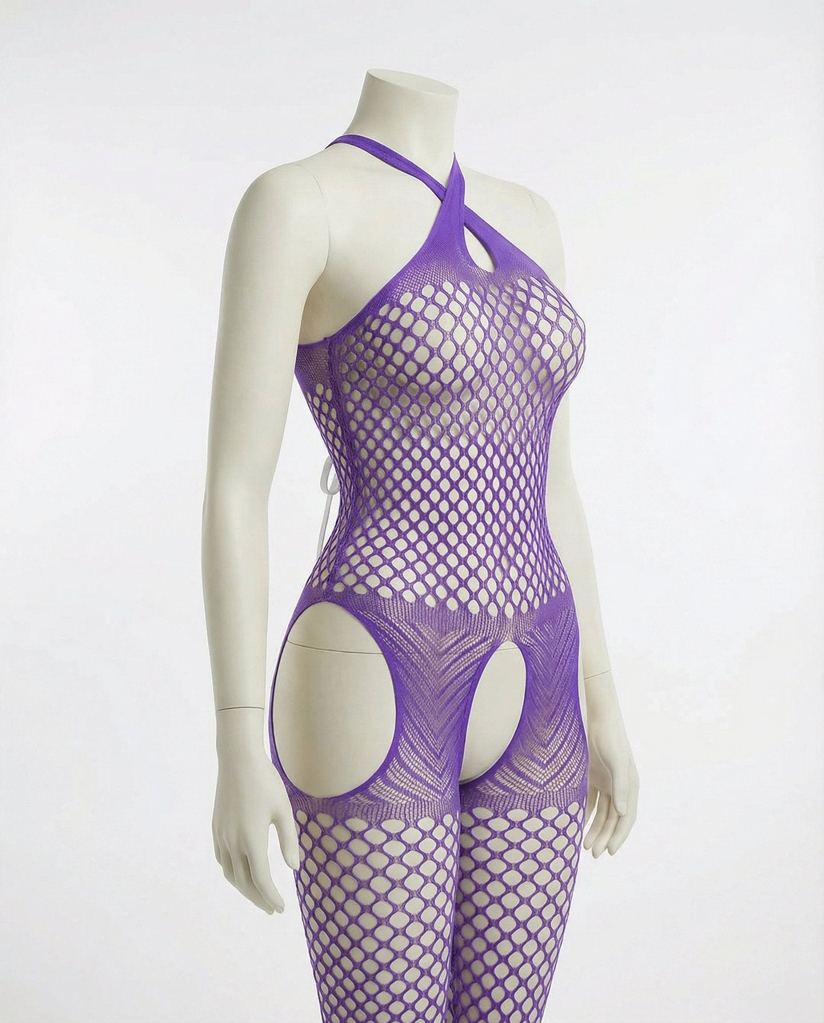 Purple Marelia - Fishnet Halter Bodystocking With Open Crotch