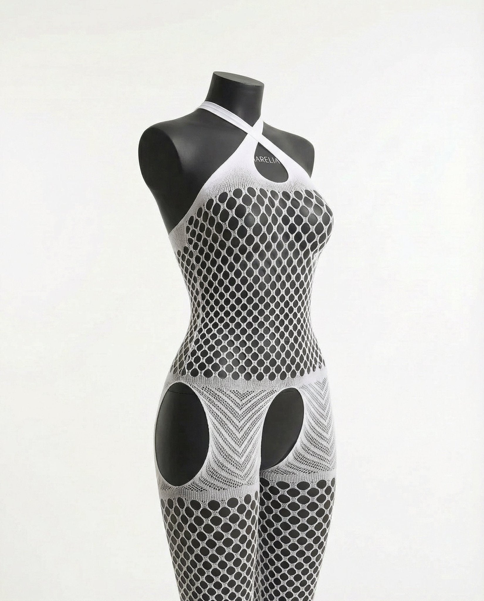 White Marelia - Fishnet Halter Bodystocking With Open Crotch