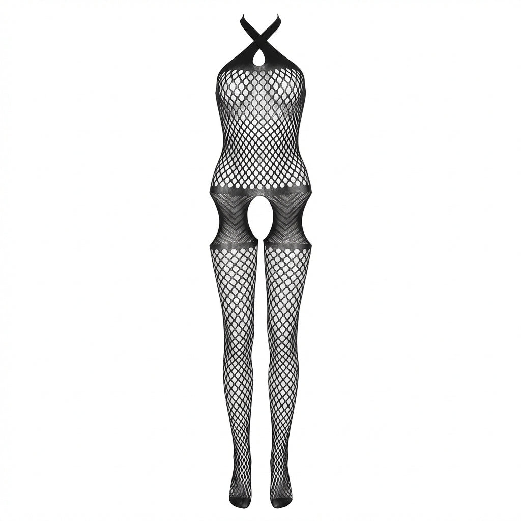 Black Marelia - Fishnet Halter Bodystocking With Open Crotch