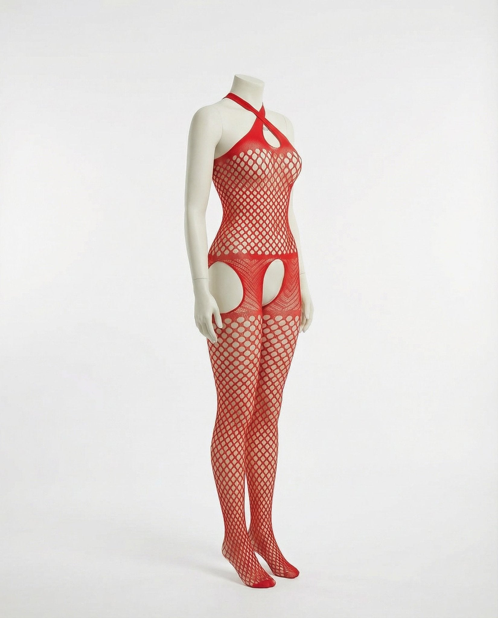 Red Marelia - Fishnet Halter Bodystocking With Open Crotch