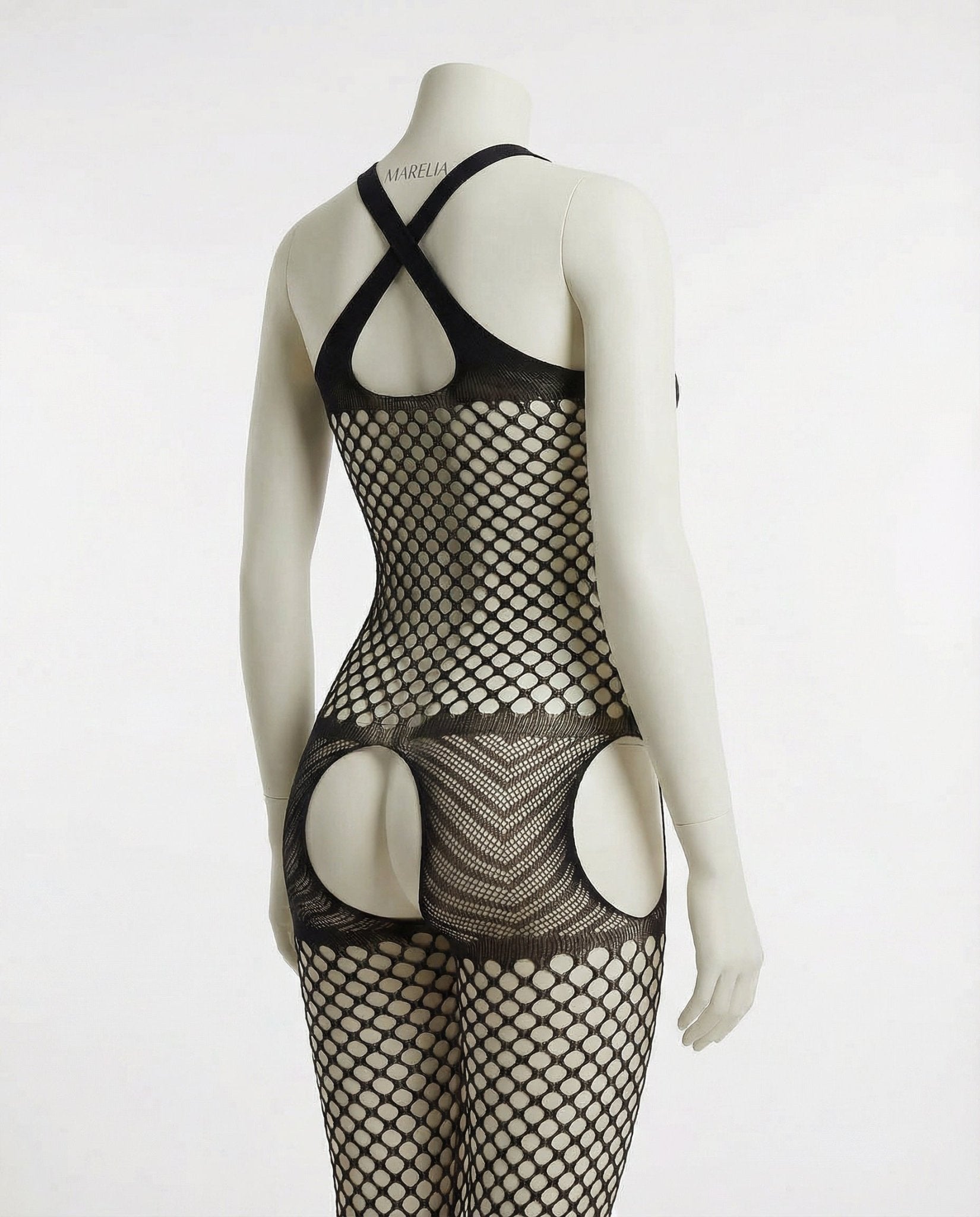 Black Marelia - Fishnet Halter Bodystocking With Open Crotch