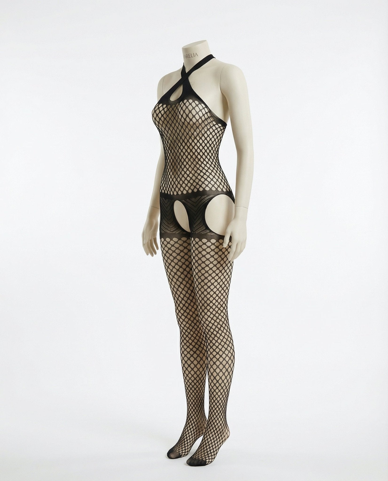 Black Marelia - Fishnet Halter Bodystocking With Open Crotch
