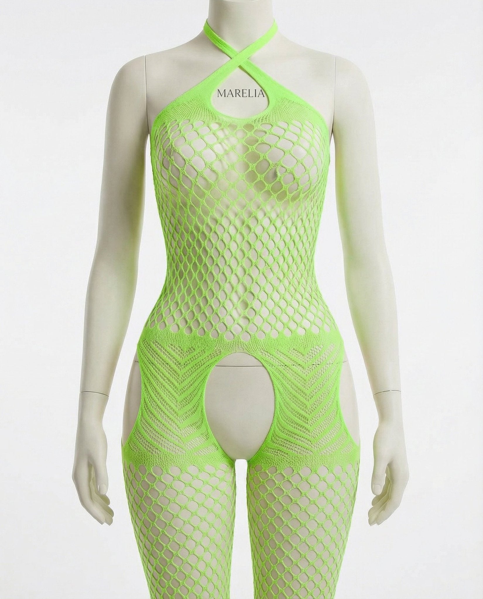 Neon Green Marelia - Fishnet Halter Bodystocking With Open Crotch