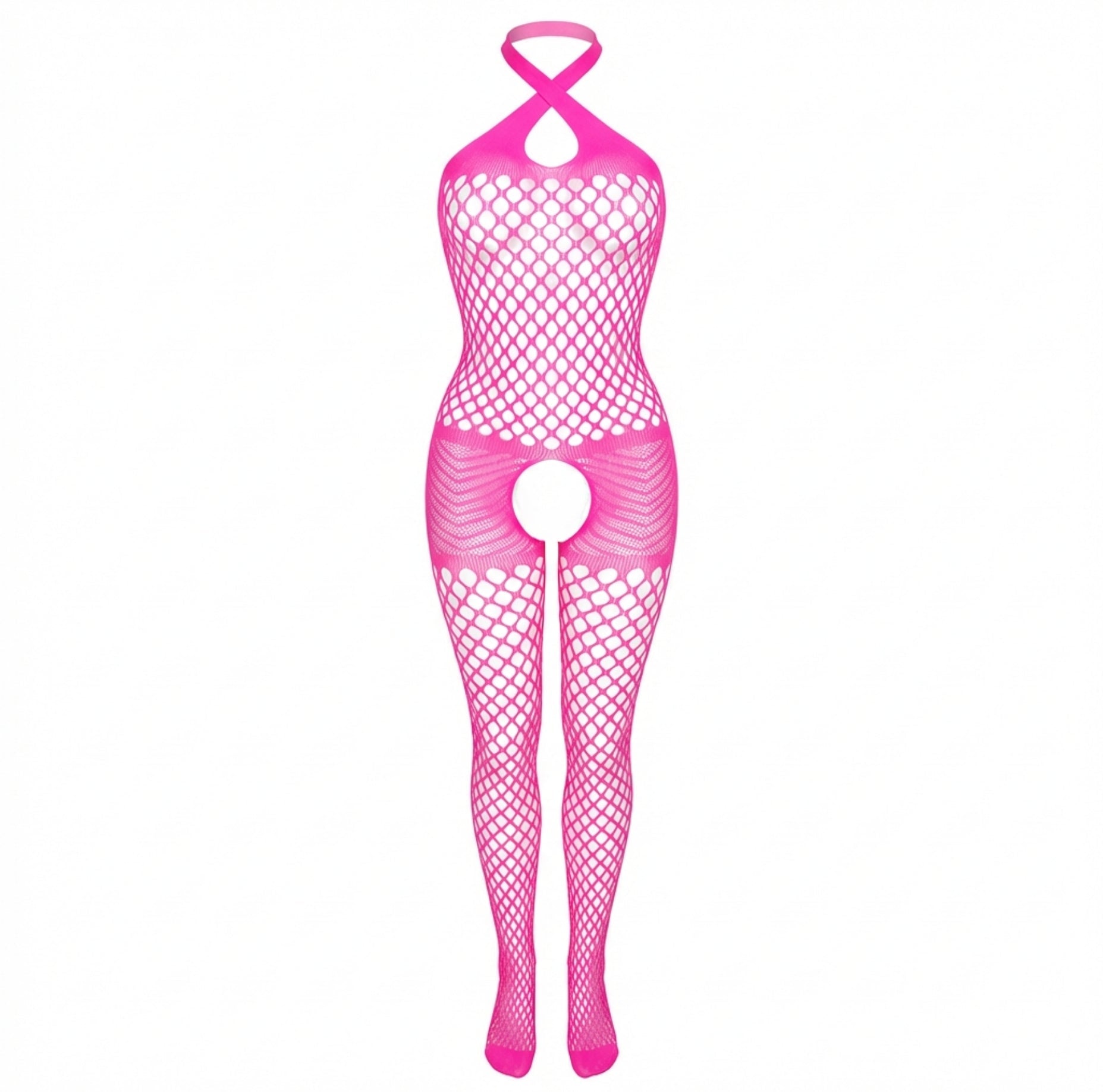 Fuscia Pink Marelia - Fishnet Halter Bodystocking With Open Crotch