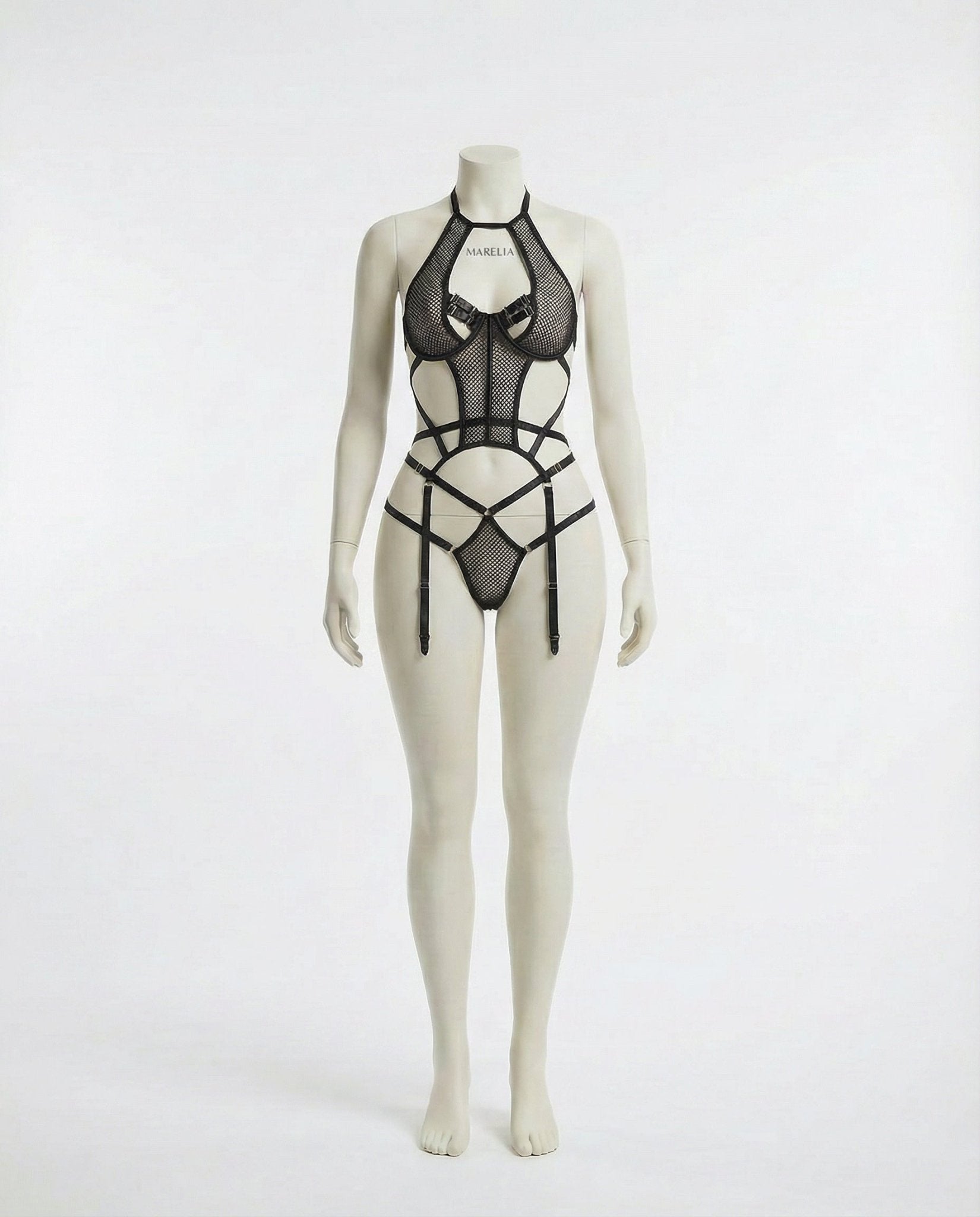 Black Fishnet Halter Teddy G-String And Garter Belt Set - Marelia