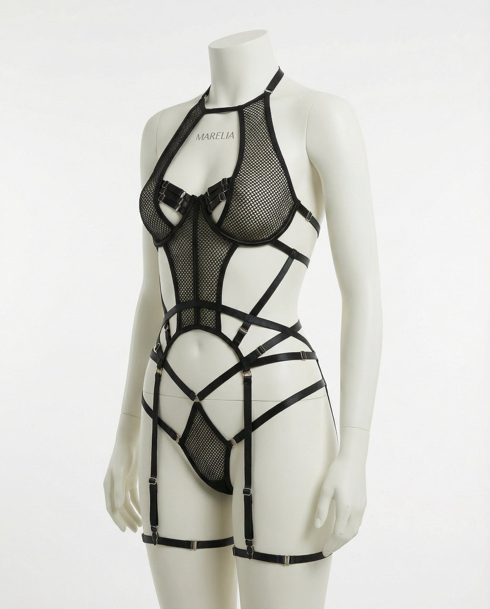 Black Fishnet Halter Teddy G-String And Garter Belt Set - Marelia