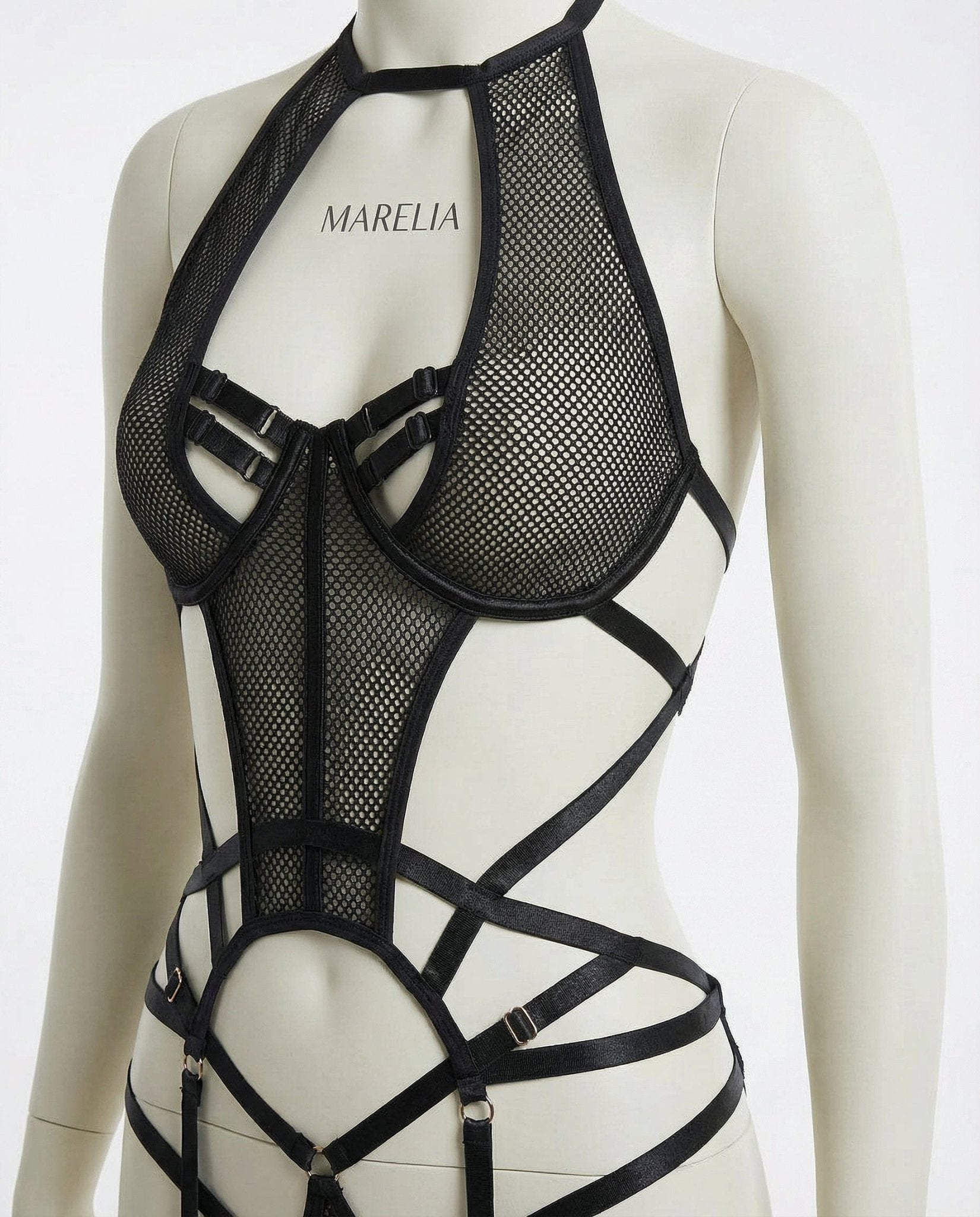 Black Fishnet Halter Teddy G-String And Garter Belt Set - Marelia