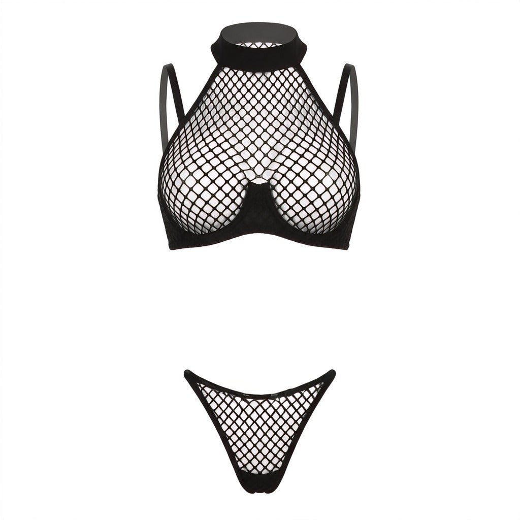 Black fishnet halterneck bralette and thong set