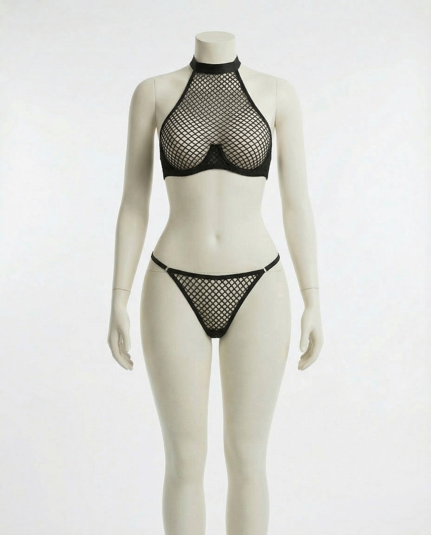 Black fishnet halterneck bralette and thong set