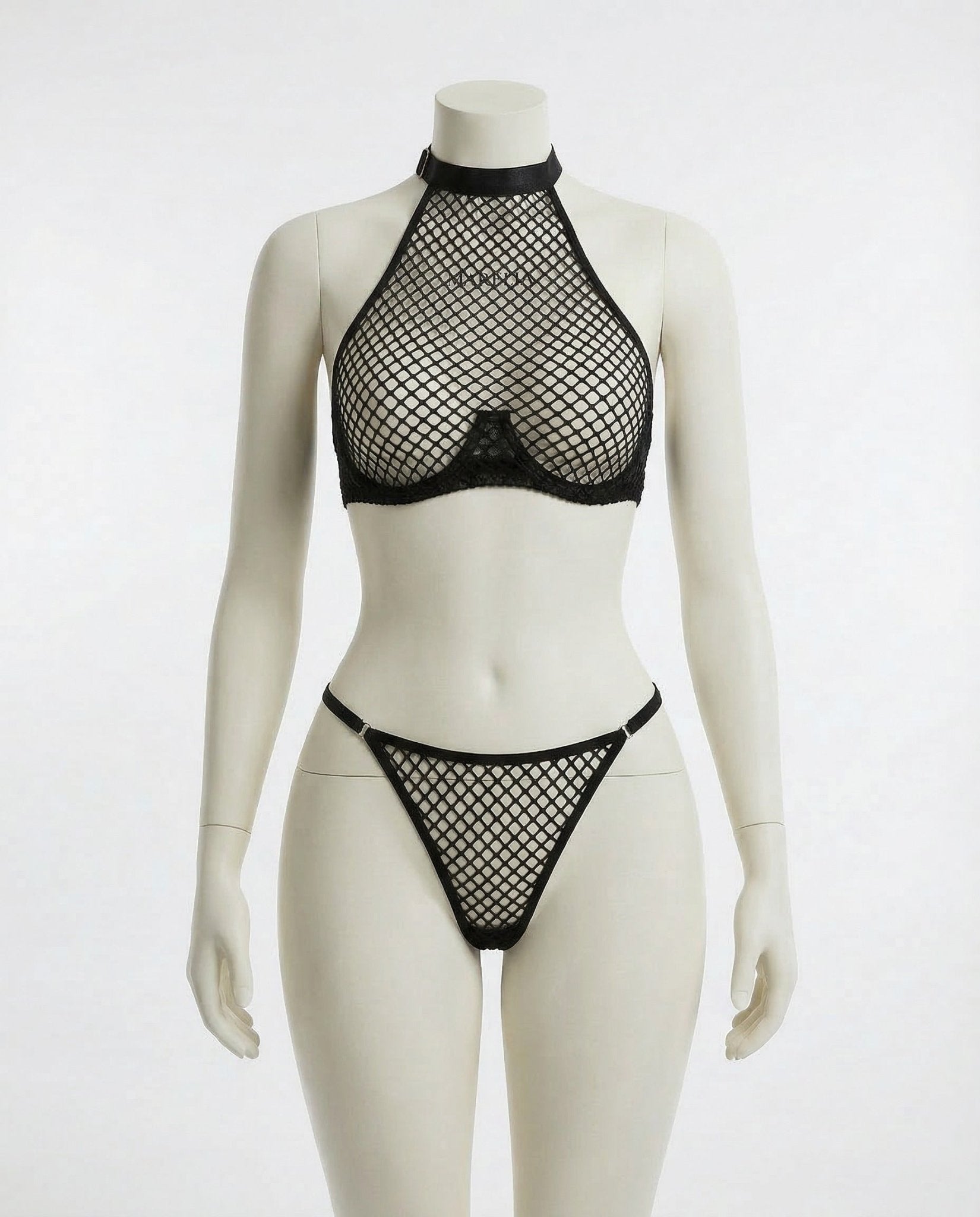 Black fishnet halterneck bralette and thong set