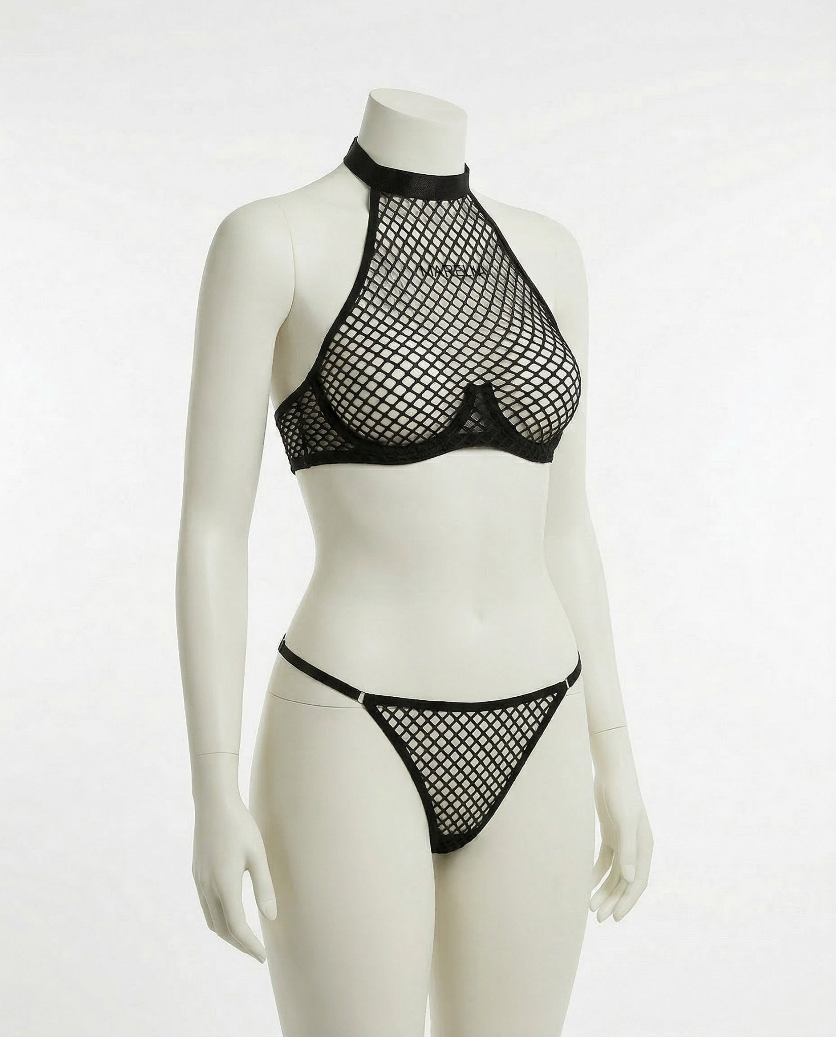 Black fishnet halterneck bralette and thong set