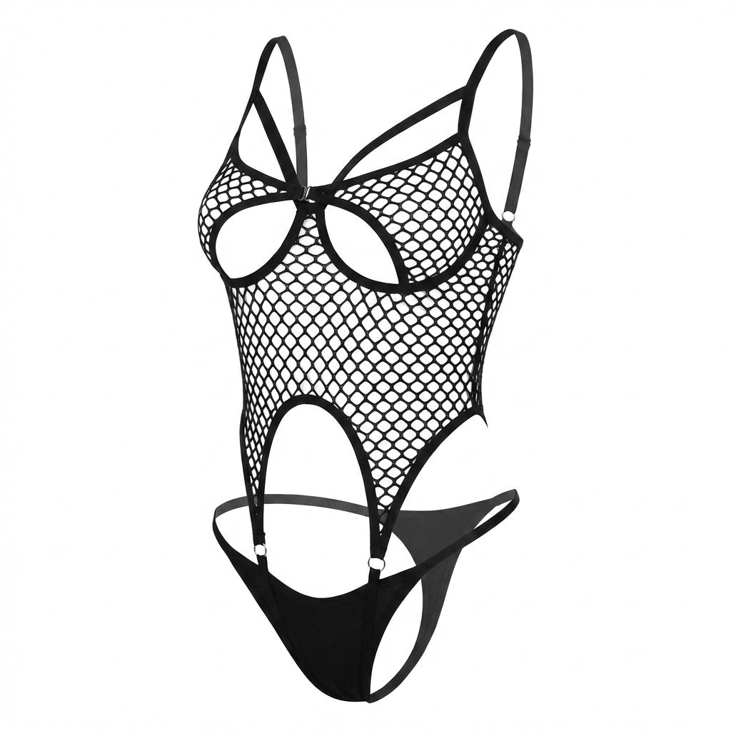Black Fishnet Open Cup Bodysuit With Ring Detail - MARELIA