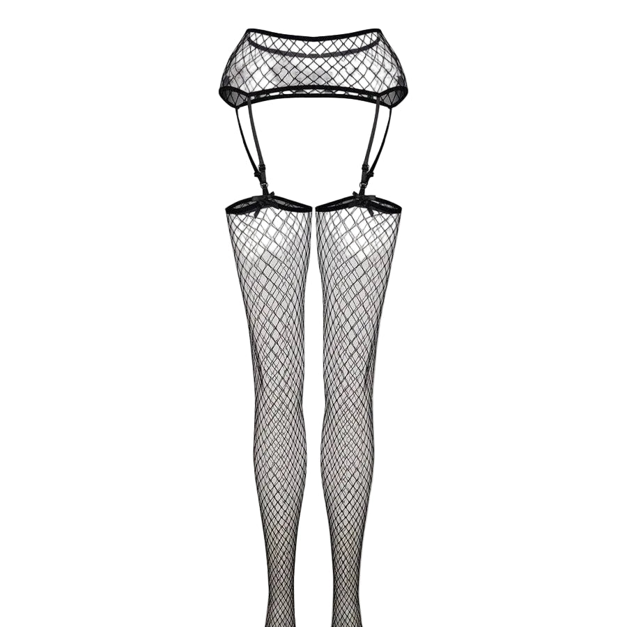 Black Fishnet Suspender Stockings Set - MARELIA