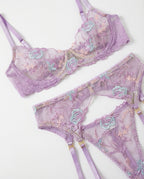 Lilac Floral Embroidered Bra Suspender Belt And G-String Set - Marelia