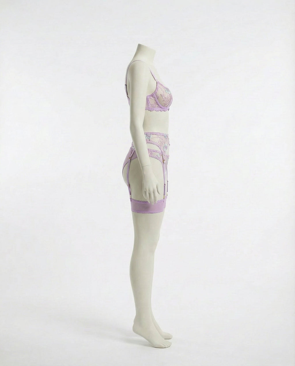 Lilac Floral Embroidered Bra Suspender Belt And G-String Set - Marelia