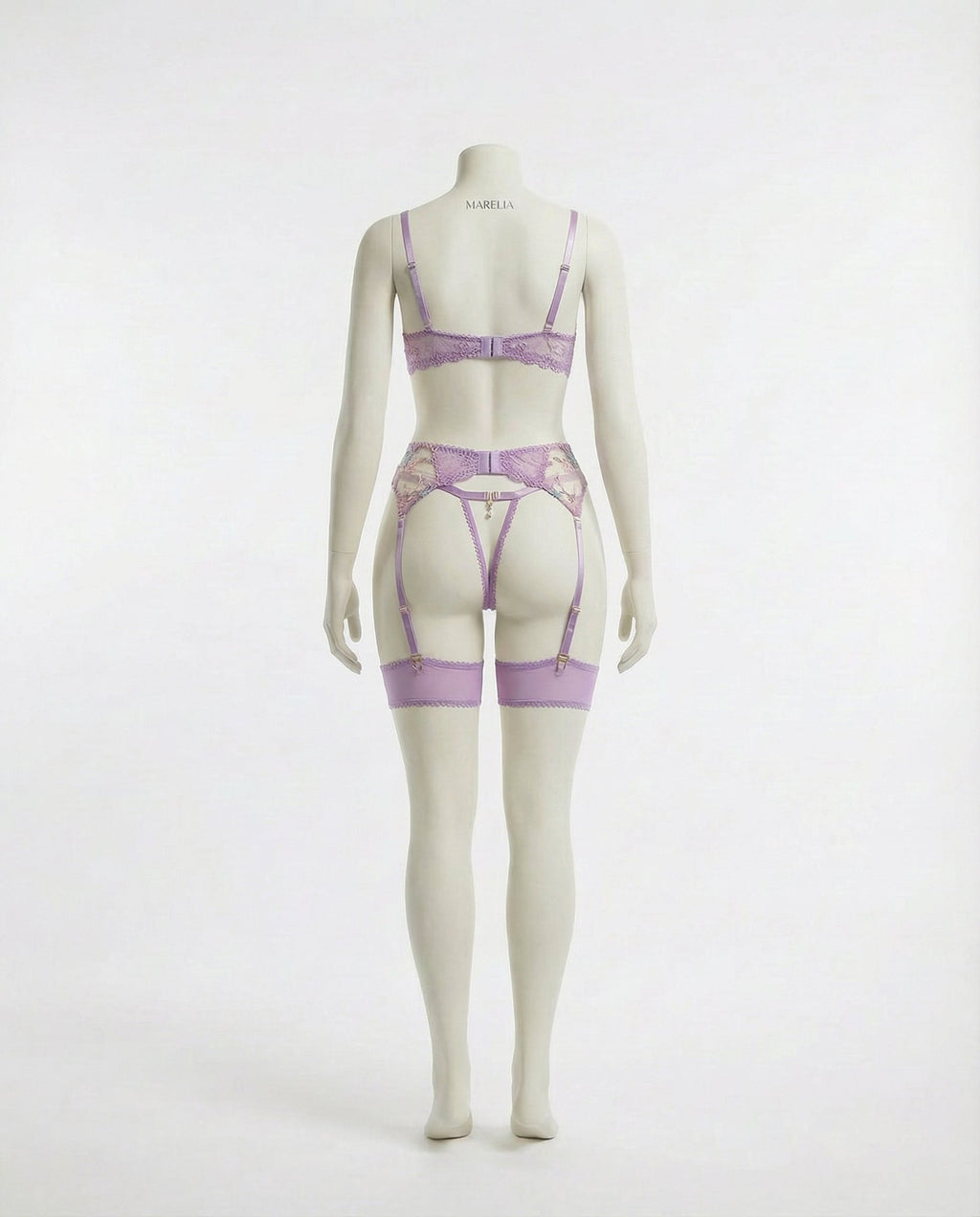 Lilac Floral Embroidered Bra Suspender Belt And G-String Set - Marelia
