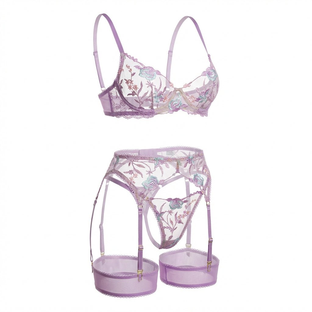 Lilac Floral Embroidered Bra Suspender Belt And G-String Set - Marelia