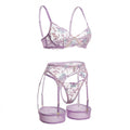 Lilac Floral Embroidered Bra Suspender Belt And G-String Set - Marelia