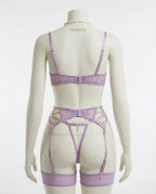 Lilac Floral Embroidered Bra Suspender Belt And G-String Set - Marelia