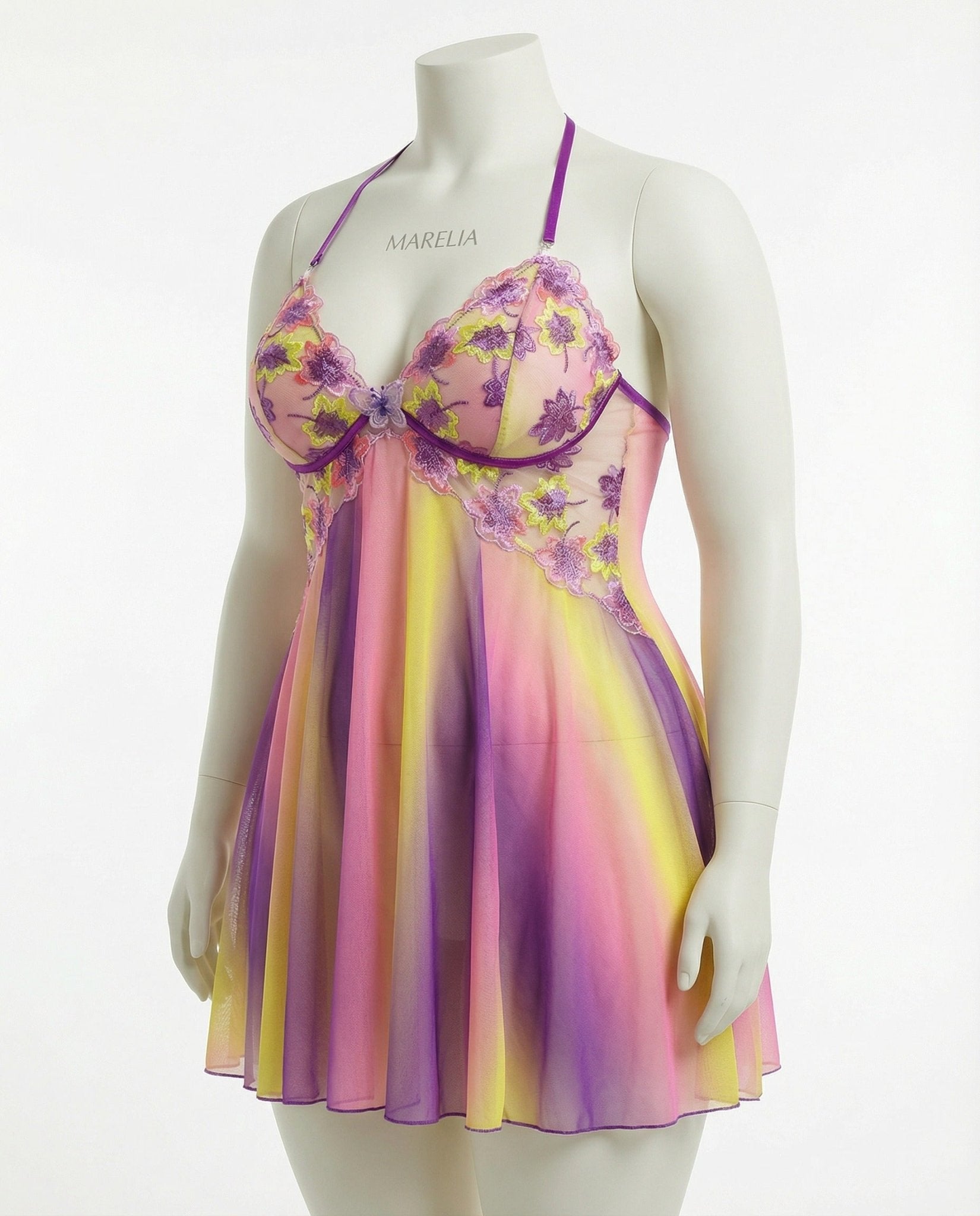 Purple & Yellow Floral Embroidered Butterfly Plus Size Babydoll - MARELIA
