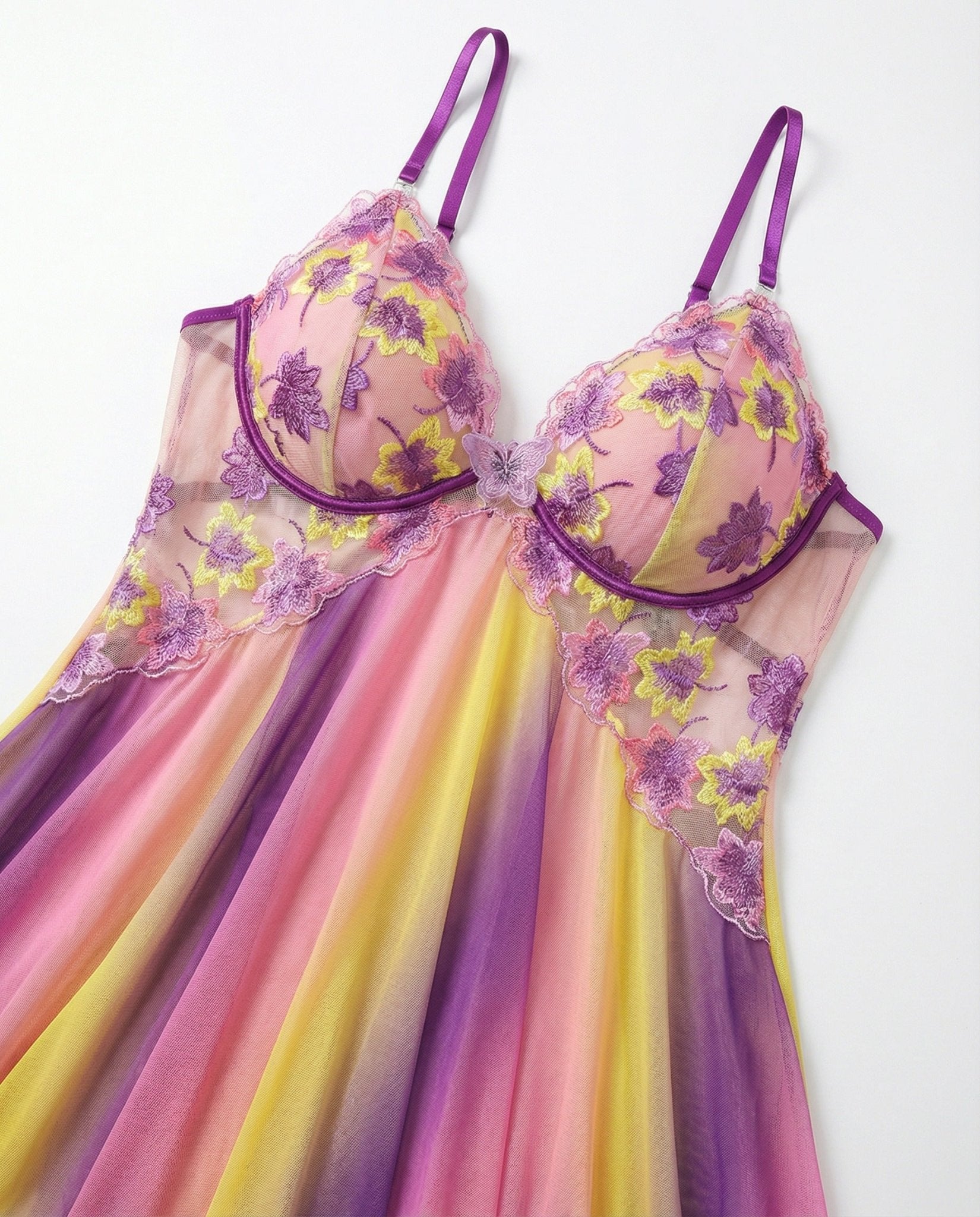 Purple & Yellow Floral Embroidered Butterfly Plus Size Babydoll - MARELIA