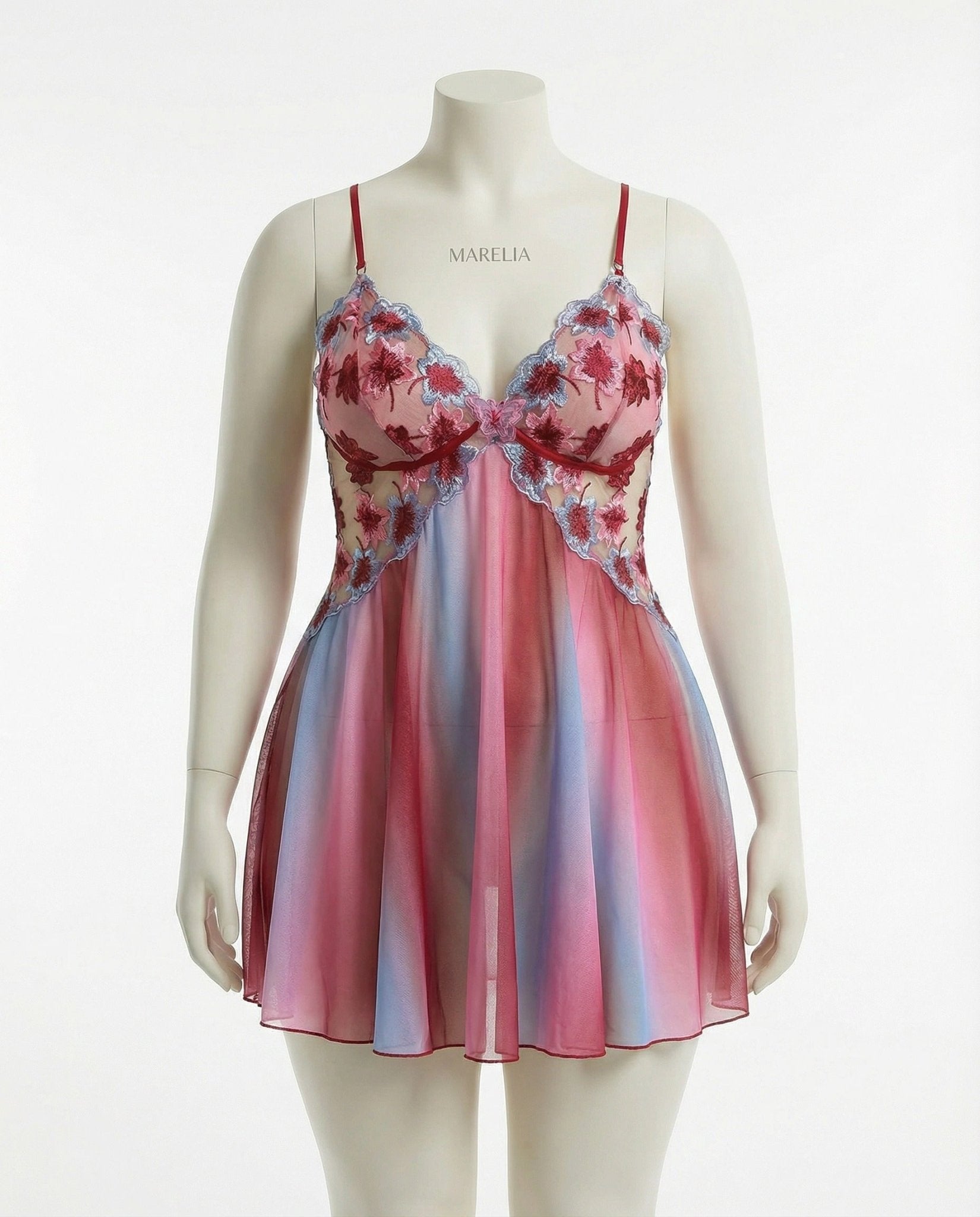 Red & Blue Floral Embroidered Butterfly Plus Size Babydoll - MARELIA