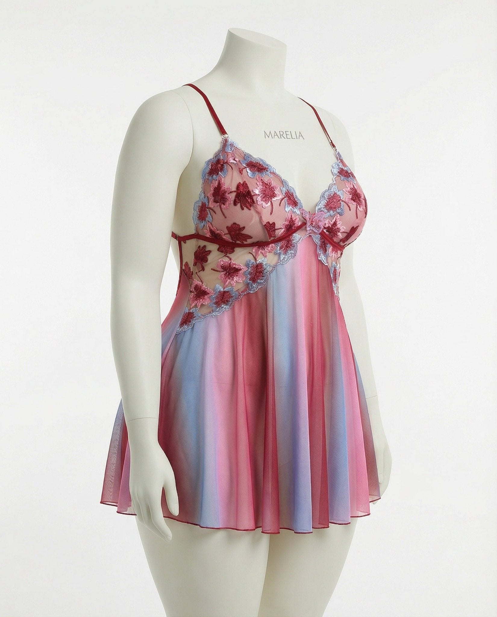 Red & Blue Floral Embroidered Butterfly Plus Size Babydoll - MARELIA