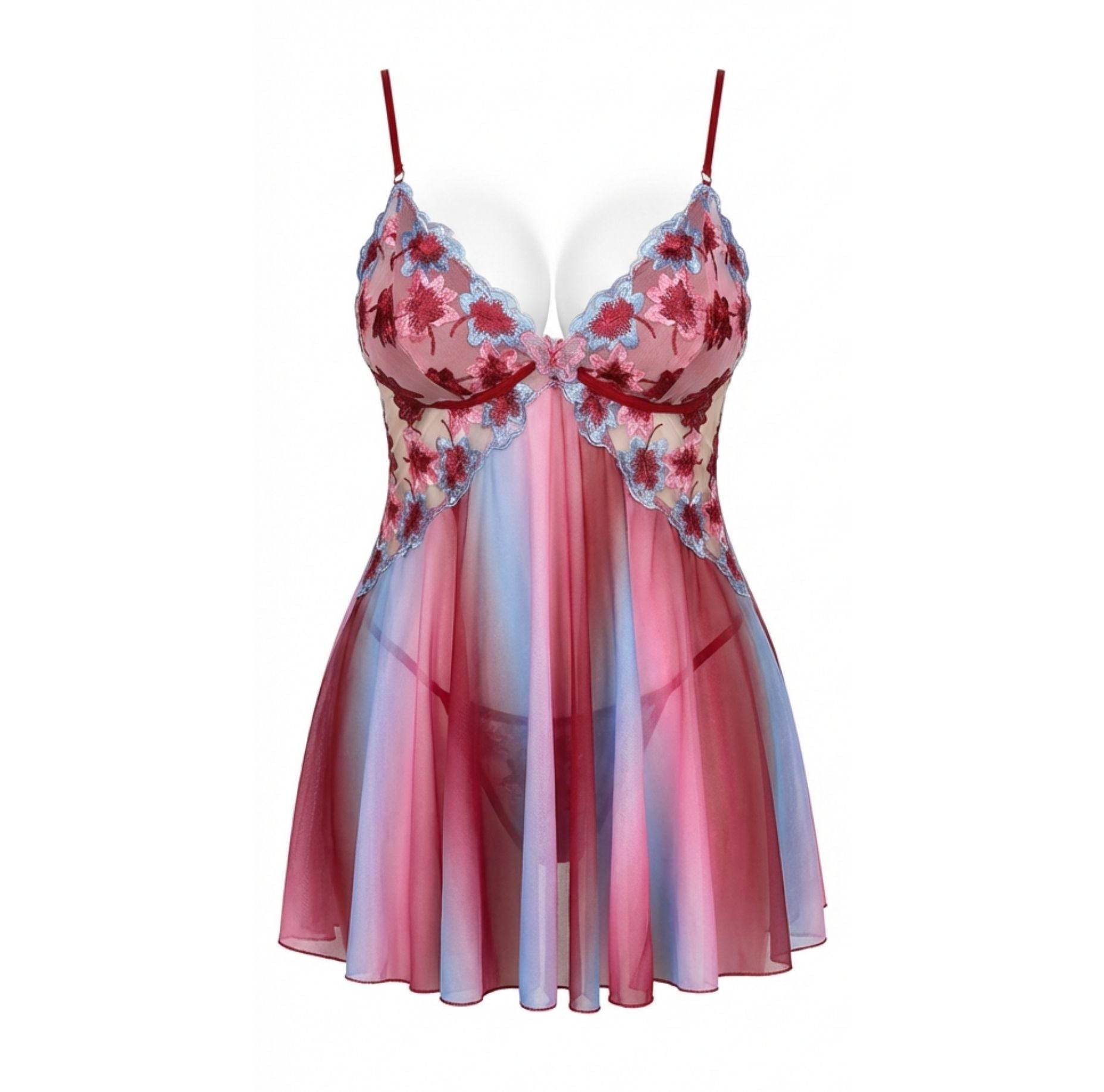 Red & Blue Floral Embroidered Butterfly Plus Size Babydoll - MARELIA