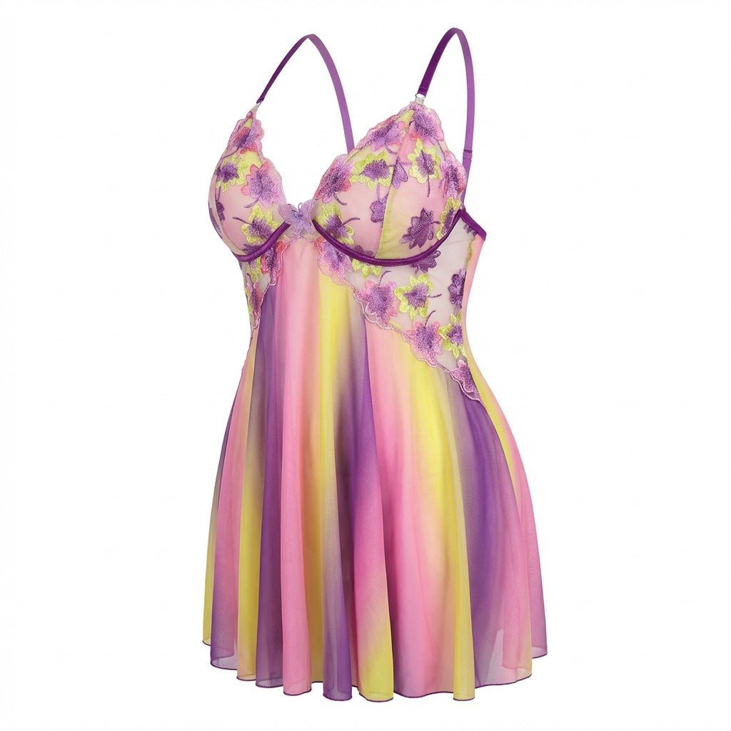 Purple & Yellow Floral Embroidered Butterfly Plus Size Babydoll - MARELIA