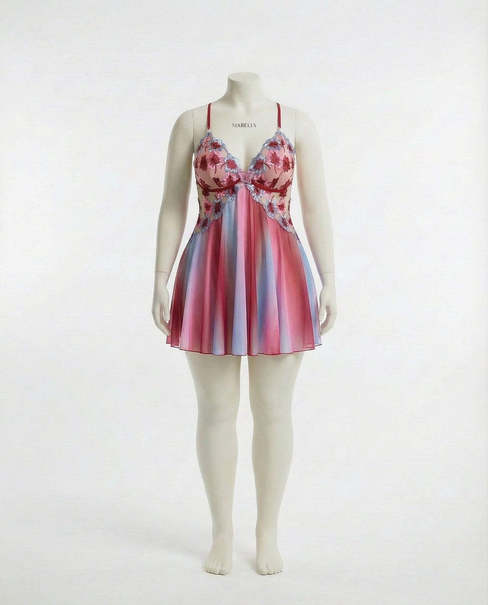Red & Blue Floral Embroidered Butterfly Plus Size Babydoll - MARELIA
