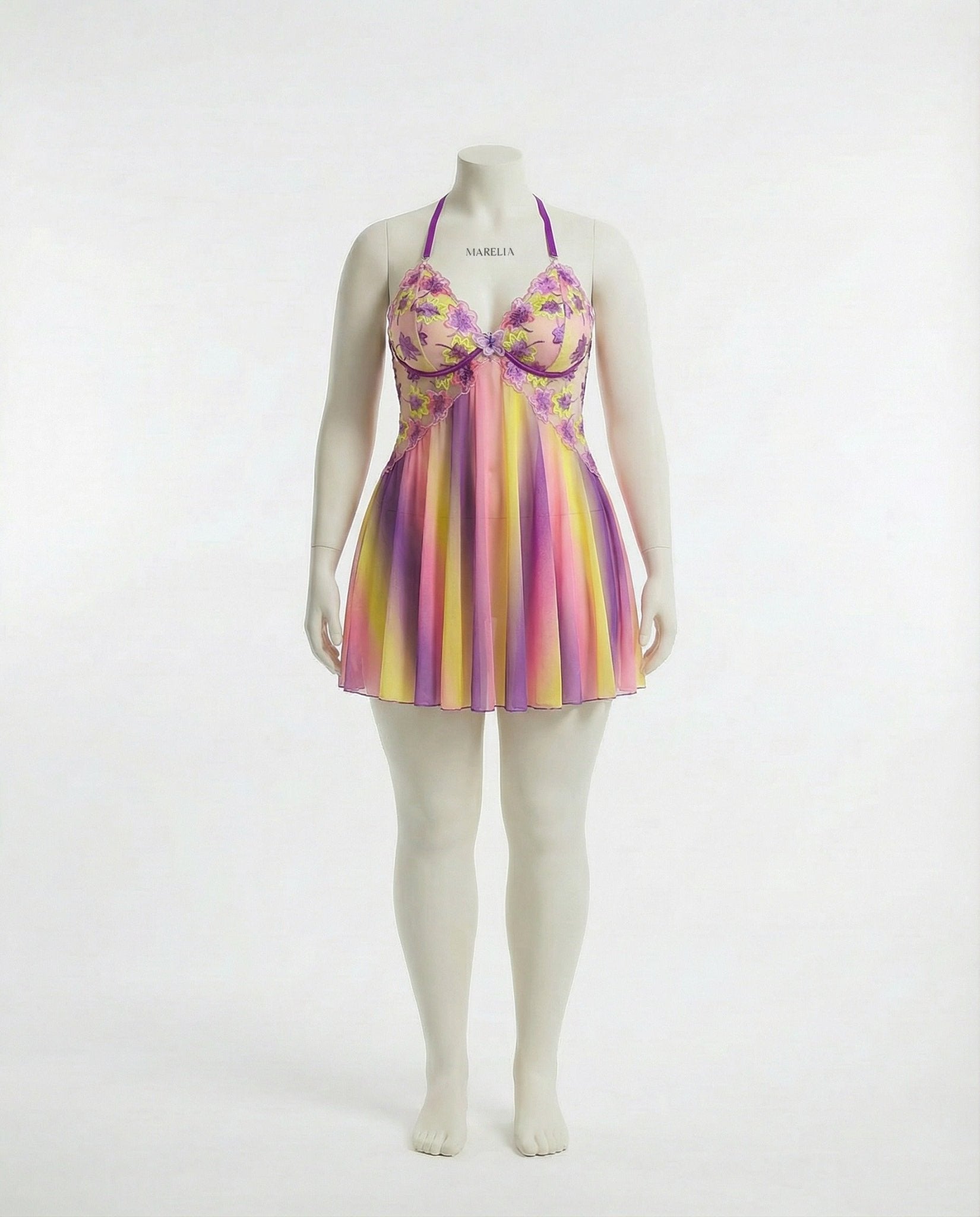 Purple & Yellow Floral Embroidered Butterfly Plus Size Babydoll - MARELIA