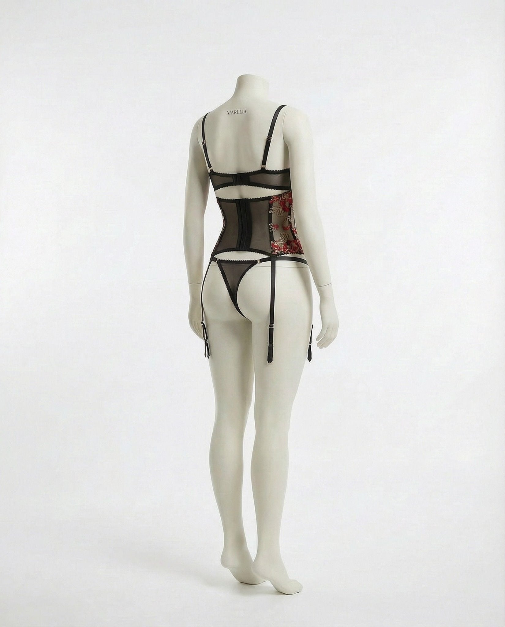 Black Floral Embroidered Corset Lingerie Set - MARELIA