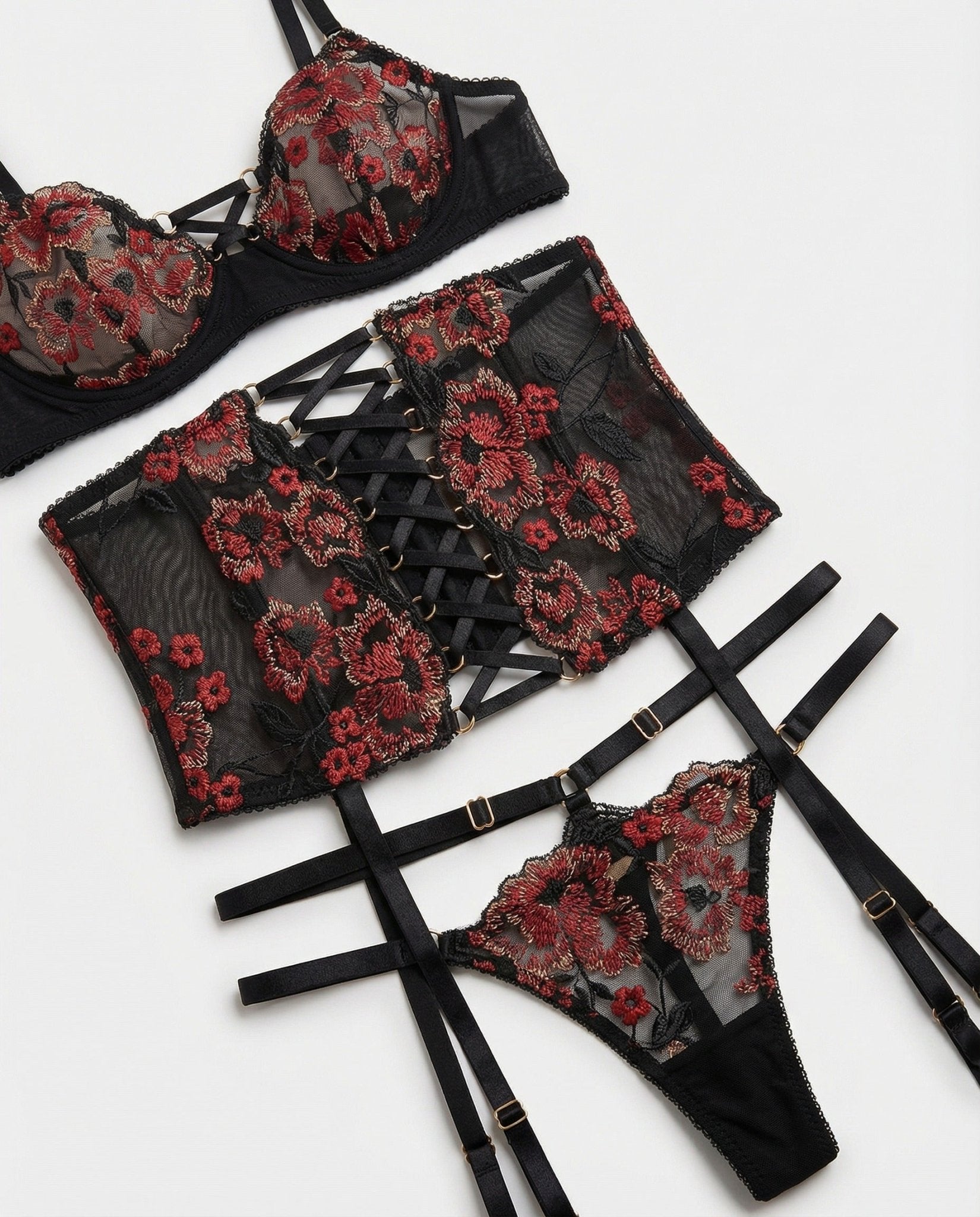 Black Floral Embroidered Corset Lingerie Set - MARELIA