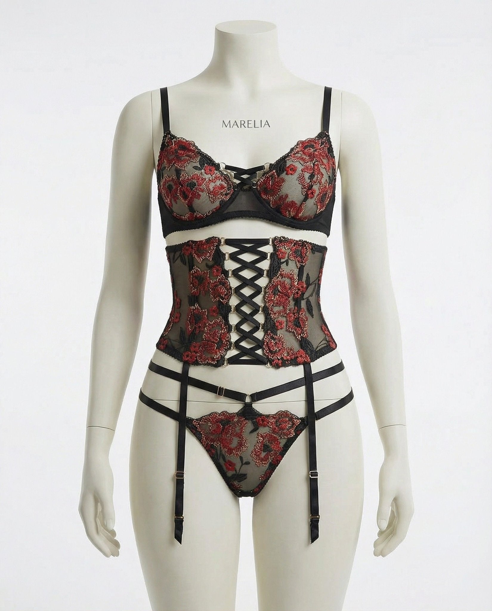 Black Floral Embroidered Corset Lingerie Set - MARELIA
