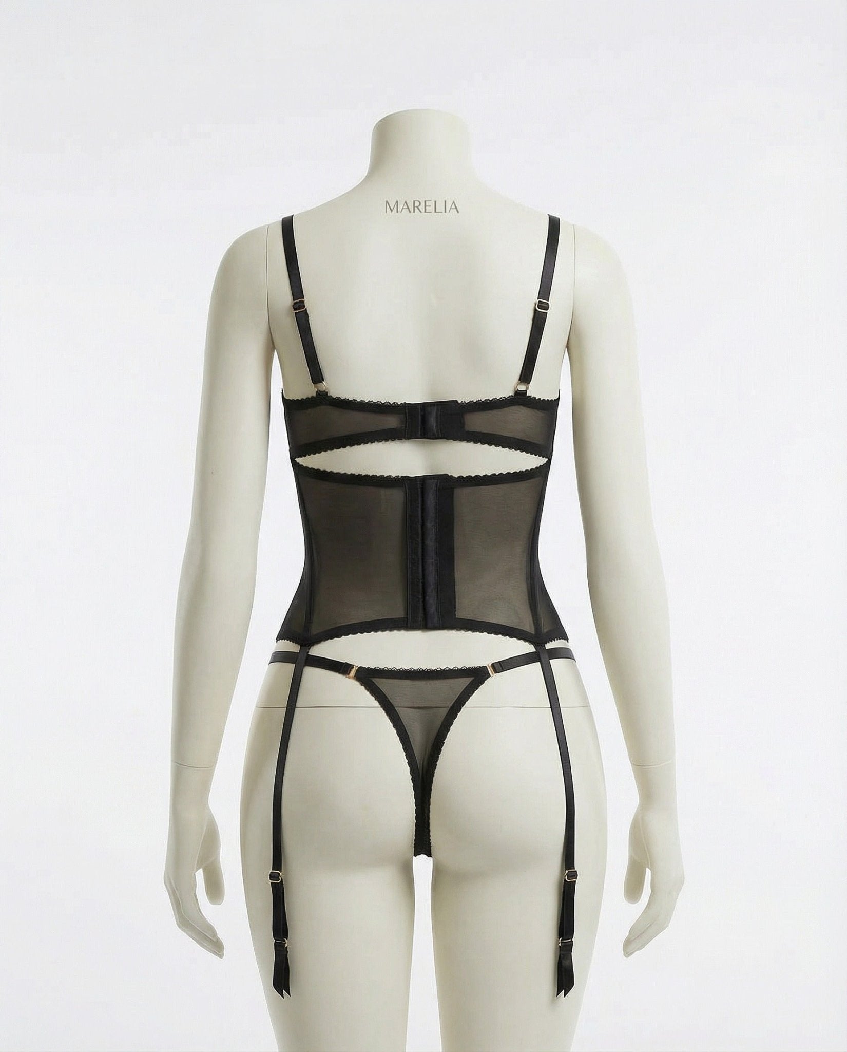 Black Floral Embroidered Corset Lingerie Set - MARELIA
