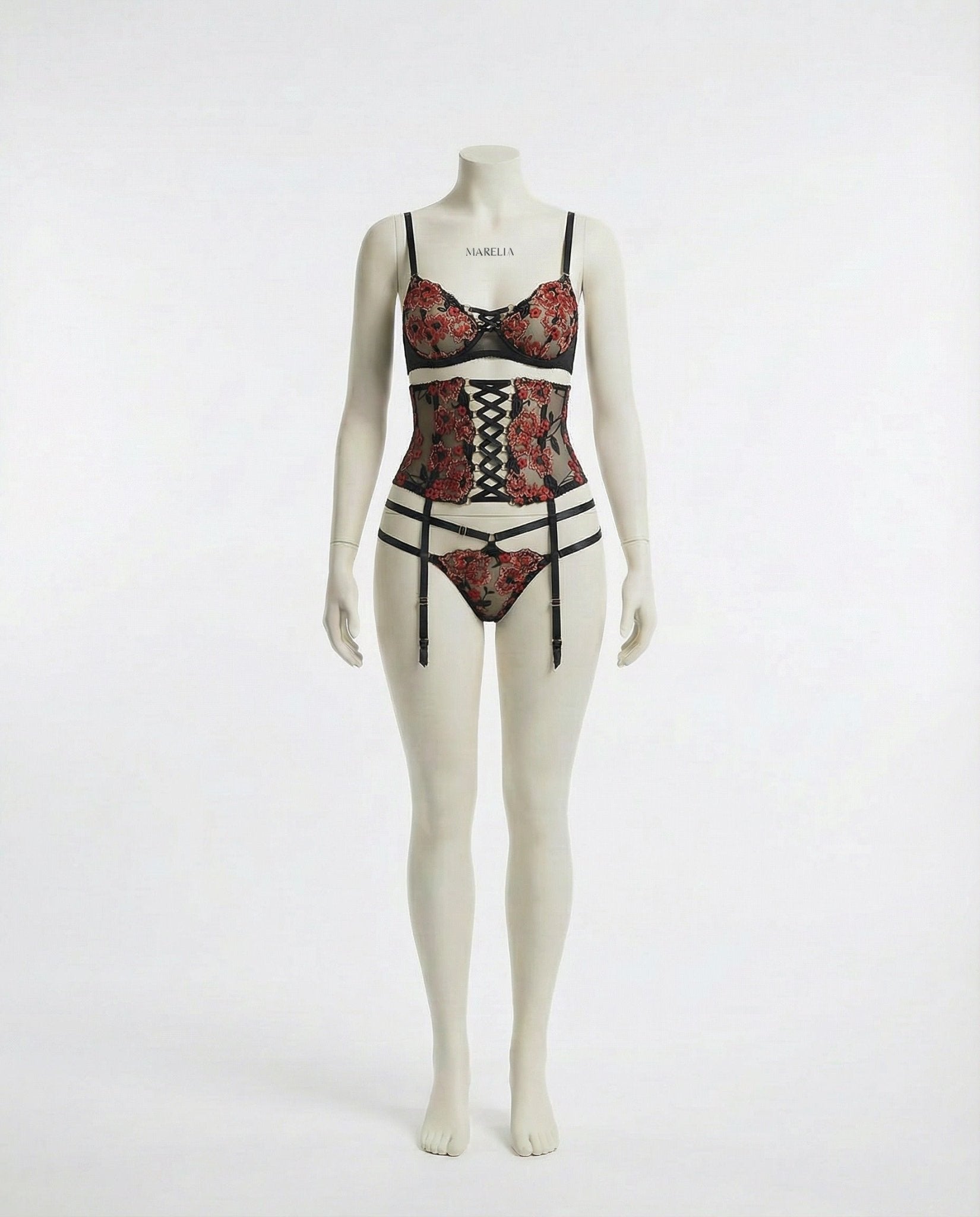 Black Floral Embroidered Corset Lingerie Set - MARELIA