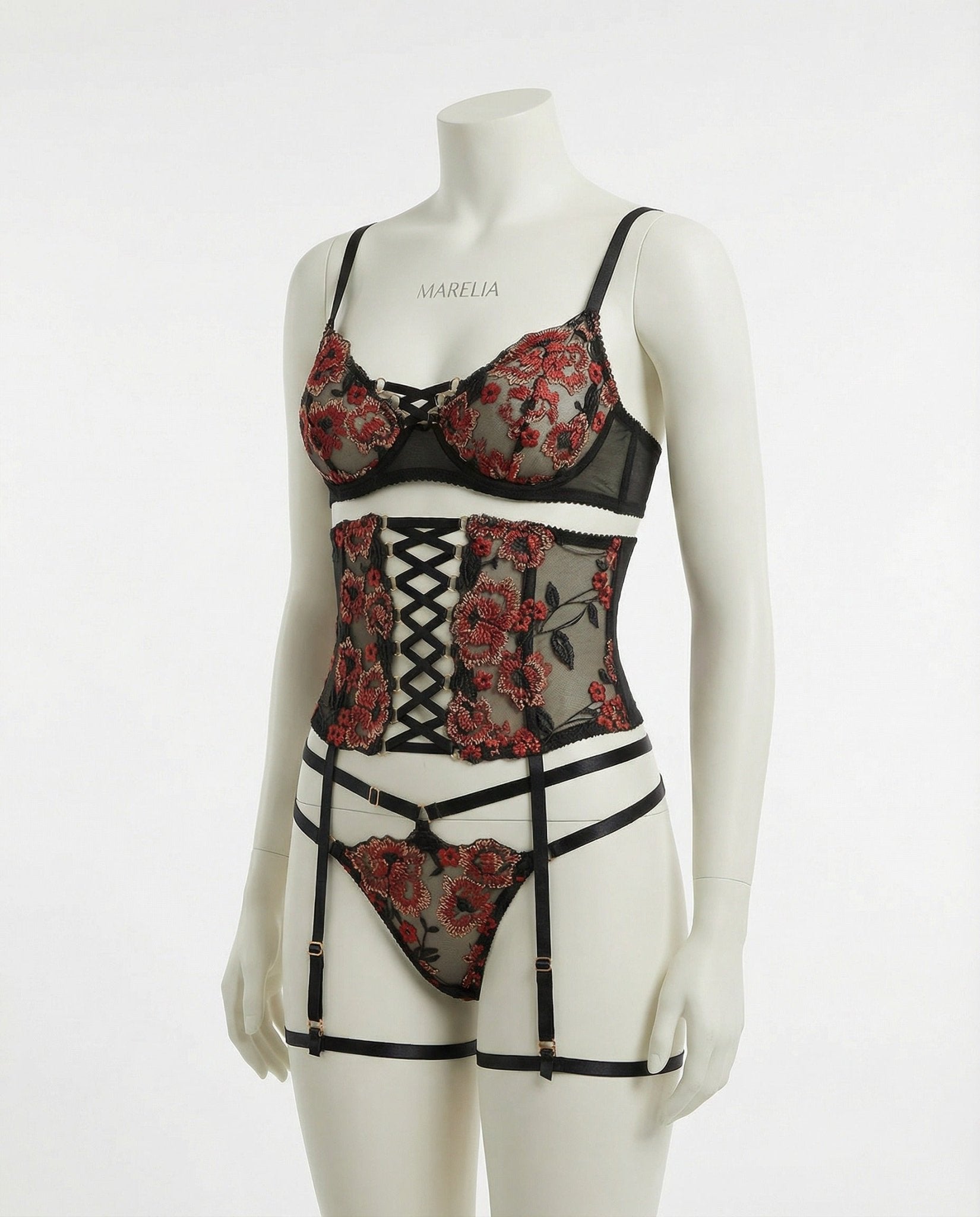 Black Floral Embroidered Corset Lingerie Set - MARELIA