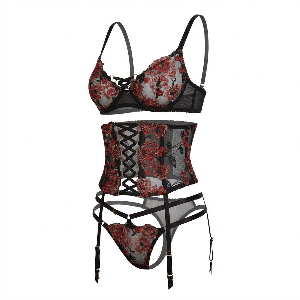Black Floral Embroidered Corset Lingerie Set - MARELIA