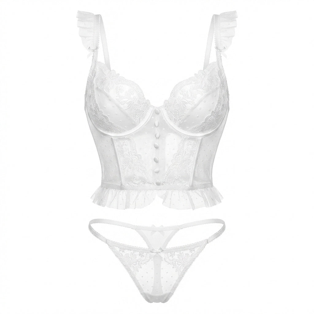 White Floral Embroidered Lace Corset Lingerie Set - MARELIA